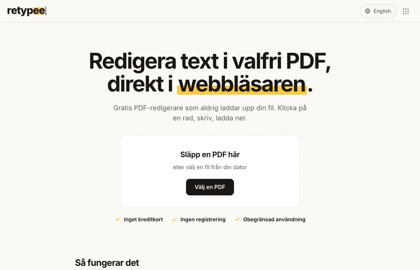 Retypee’s home page, with the headline “Edit text in any PDF, right in the browser” and an area to drop a PDF on