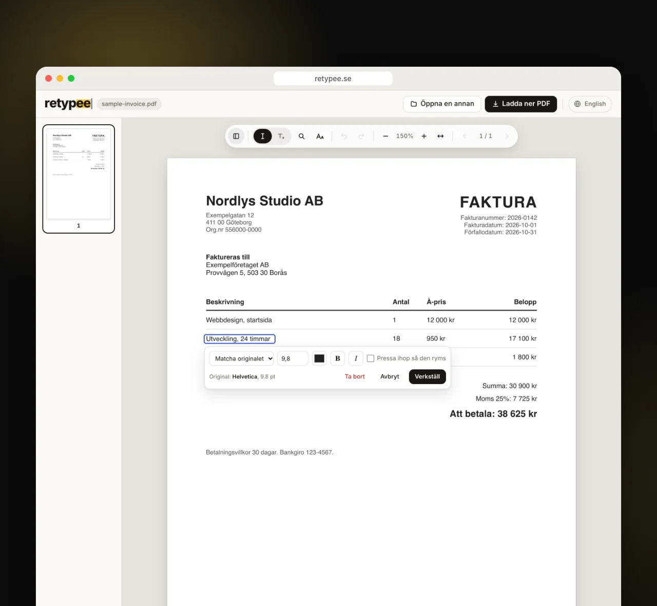 The Retypee editor open in a browser with a PDF where a line of text is being edited