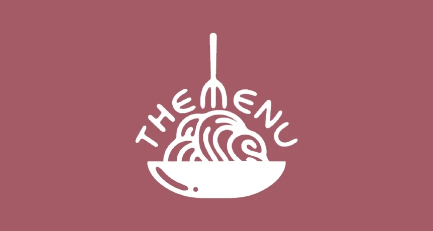 The Menu UF’s white logo, a fork above a bowl of pasta, on a pink background