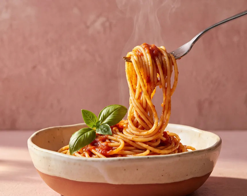 Steaming spaghetti on a fork above a bowl with tomato sauce and basil