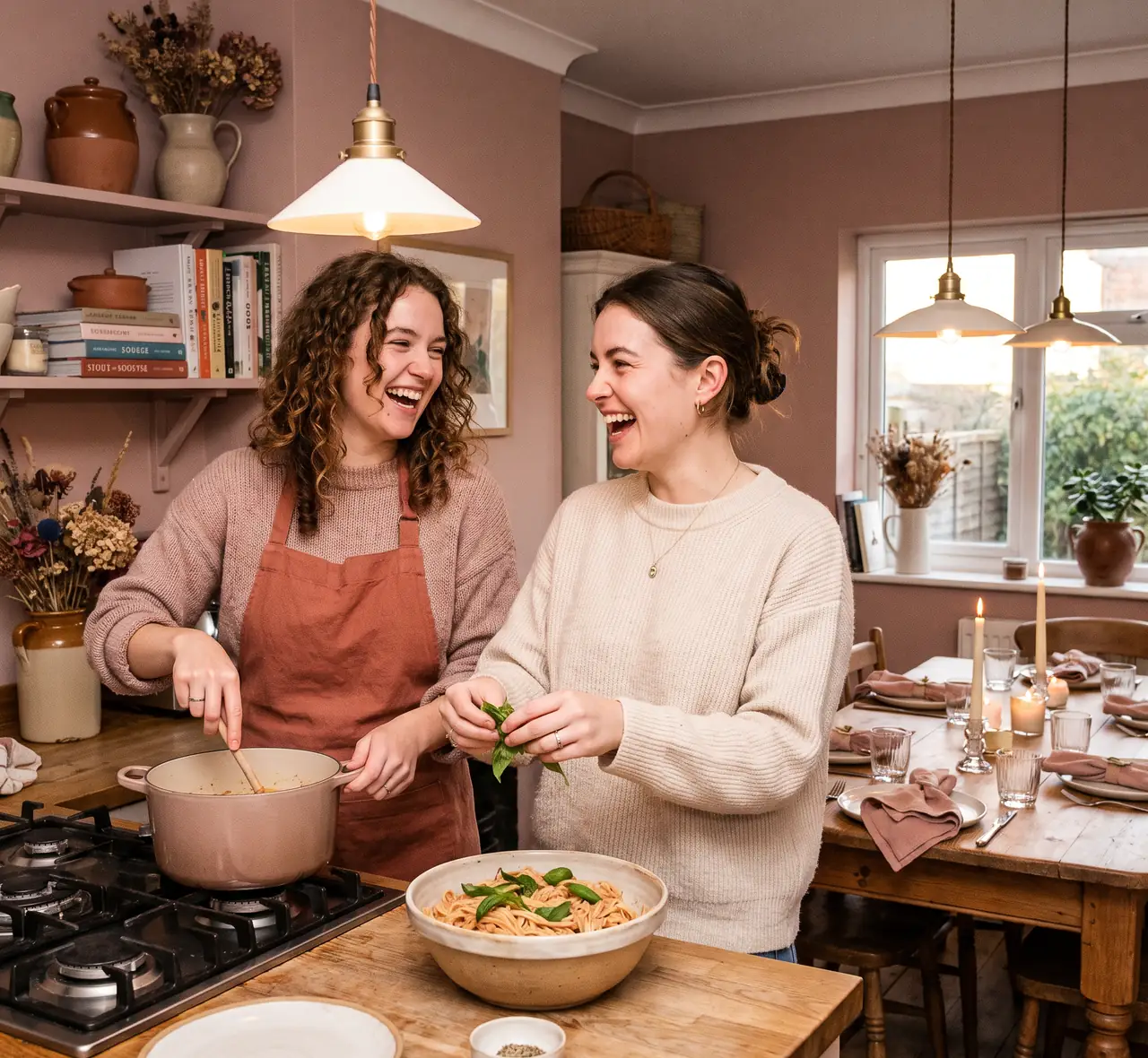 A warm home kitchen where dinner is being cooked, with steam rising from the stove